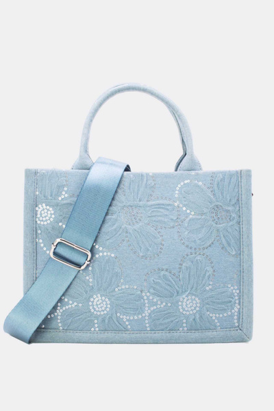 Wholesaler Tom & Eva - Medium Jeans Tote Bag In Flowers Wholesaler Tom & Eva - Medium Jeans Tote Bag In Flowers