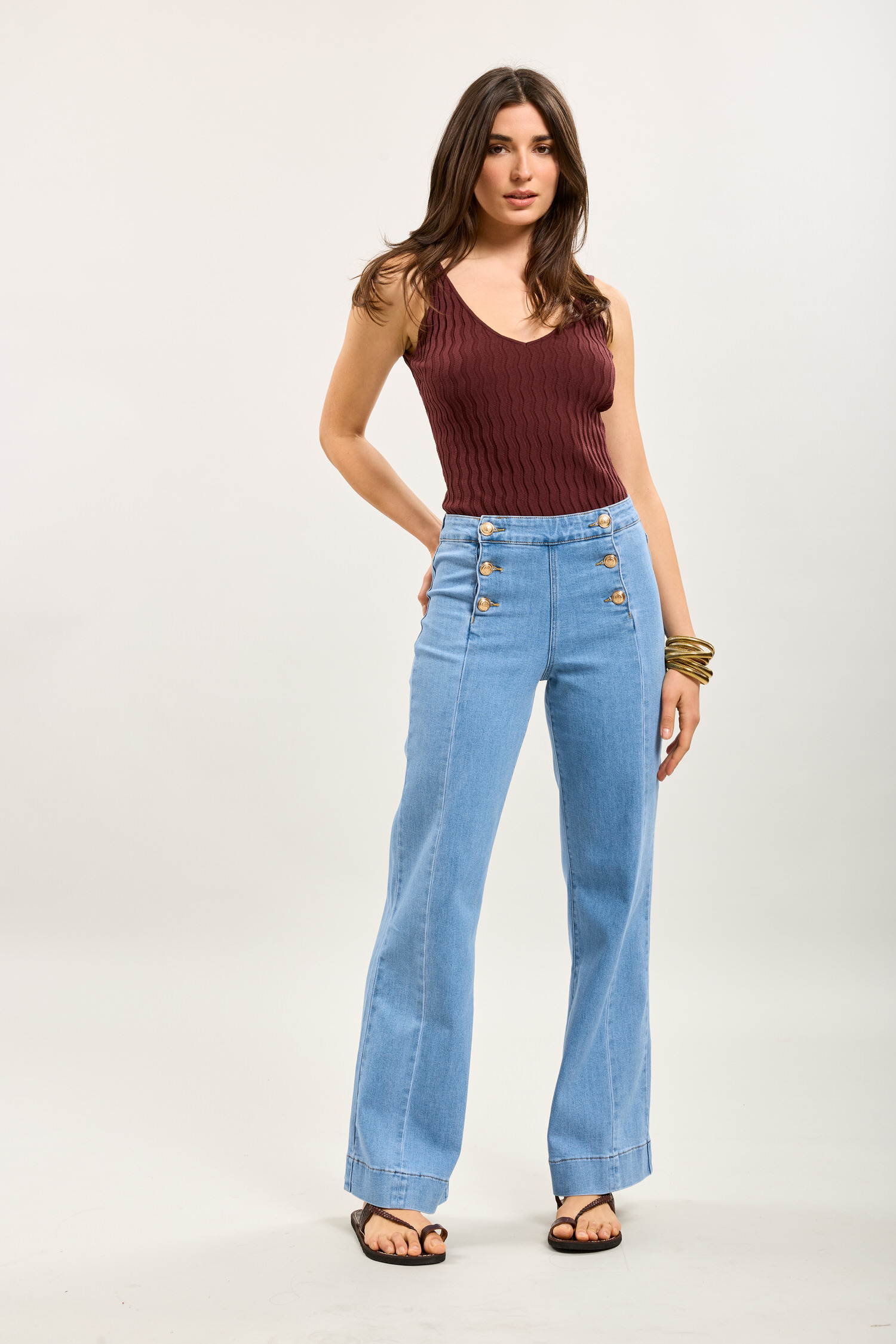 Grossiste Toxik3 - Toxik3 jean flare taille haute à pont boutons or