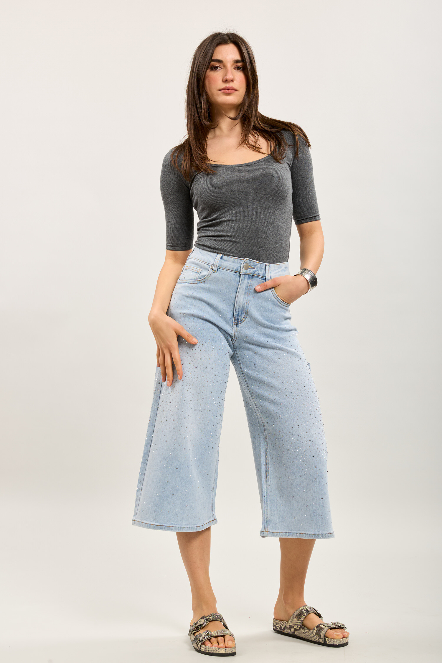 Wholesaler Toxik3 - Toxik3 light blue stretch wide denim bermuda shorts embellished with rhinestones