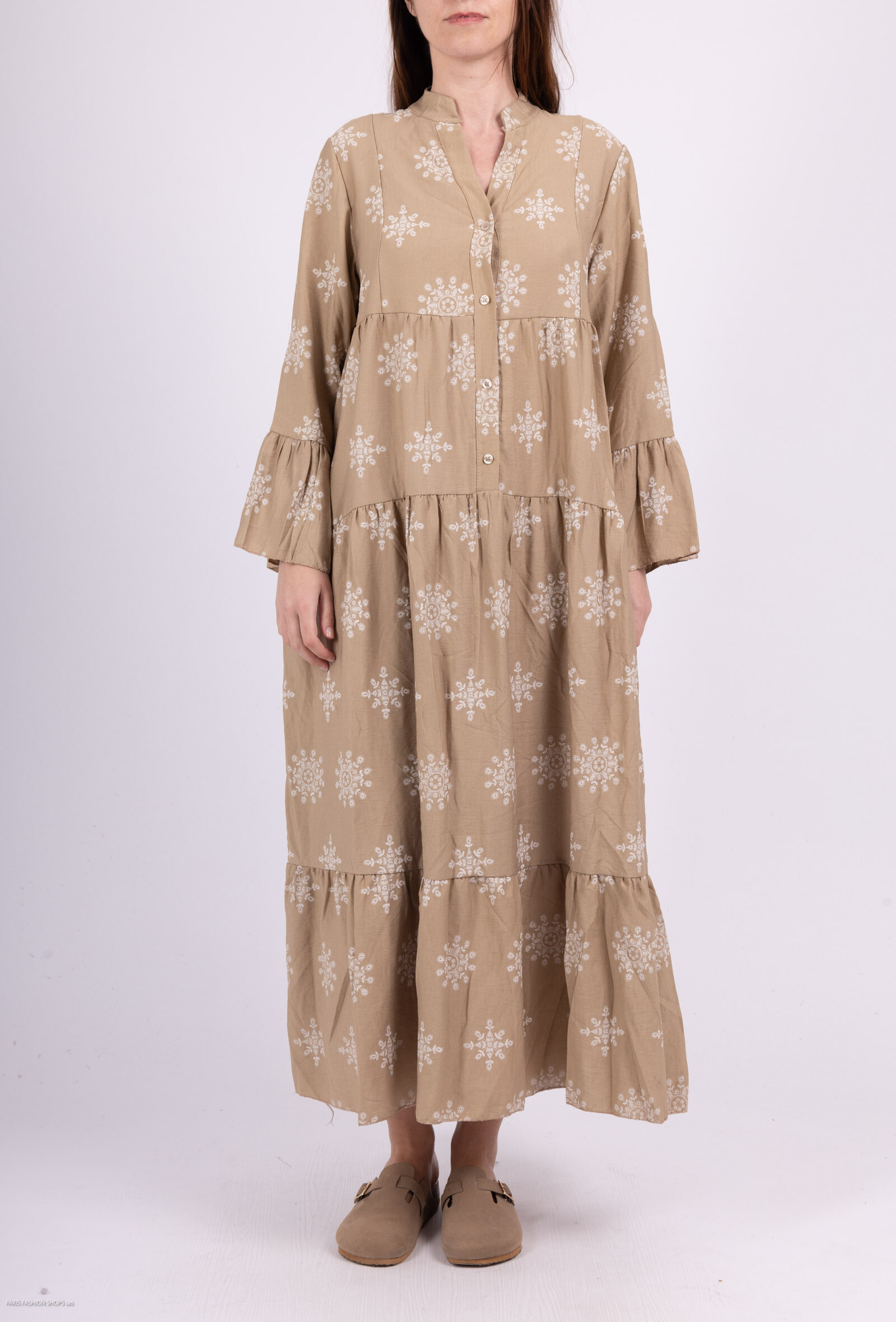 Grossiste TRENDLAND - Robe longue à volants en viscose imprimée
