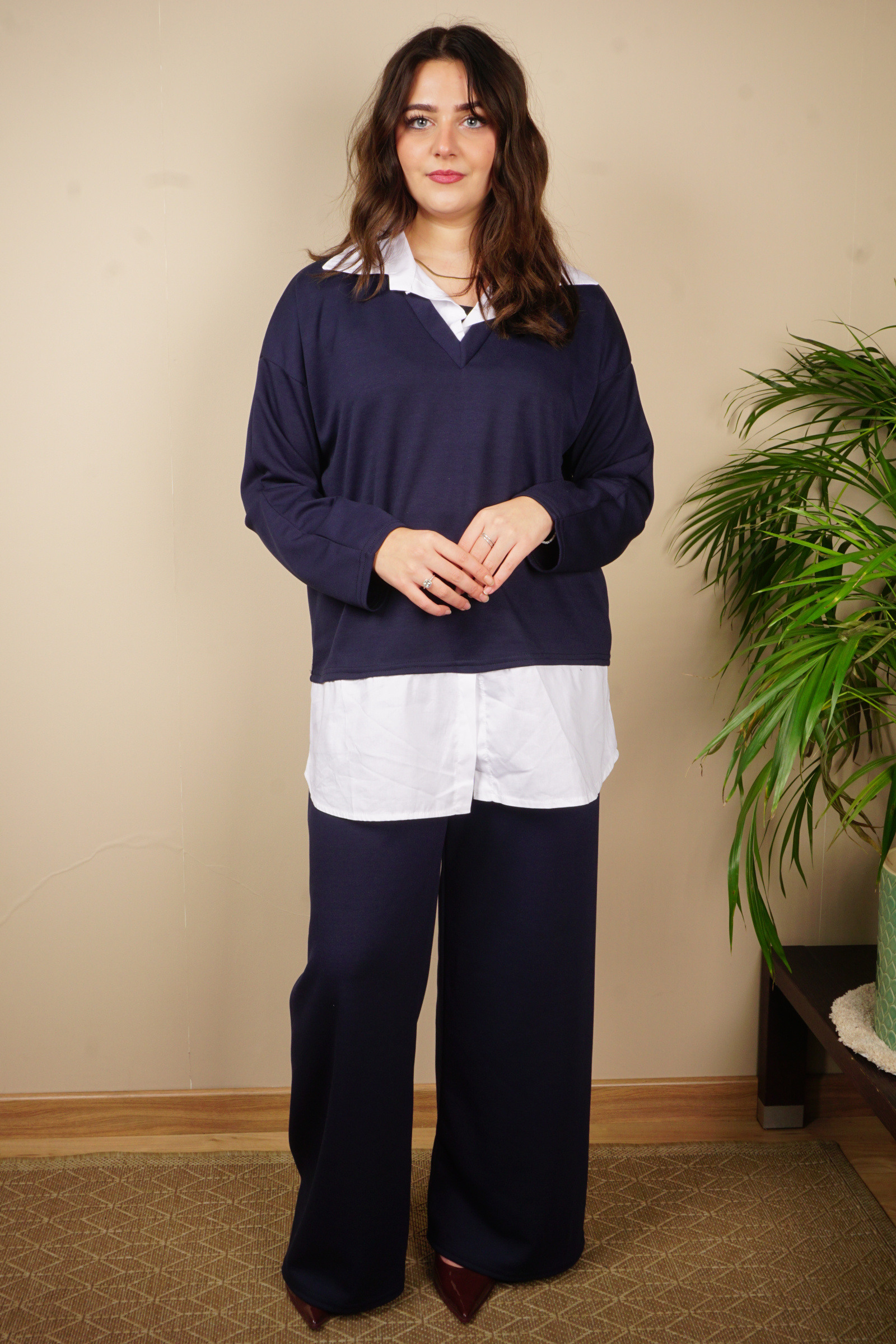 Grossiste TRENDLAND - Ensemble haut et pantalon maille dense avec empiècement popeline col chemise ouvert