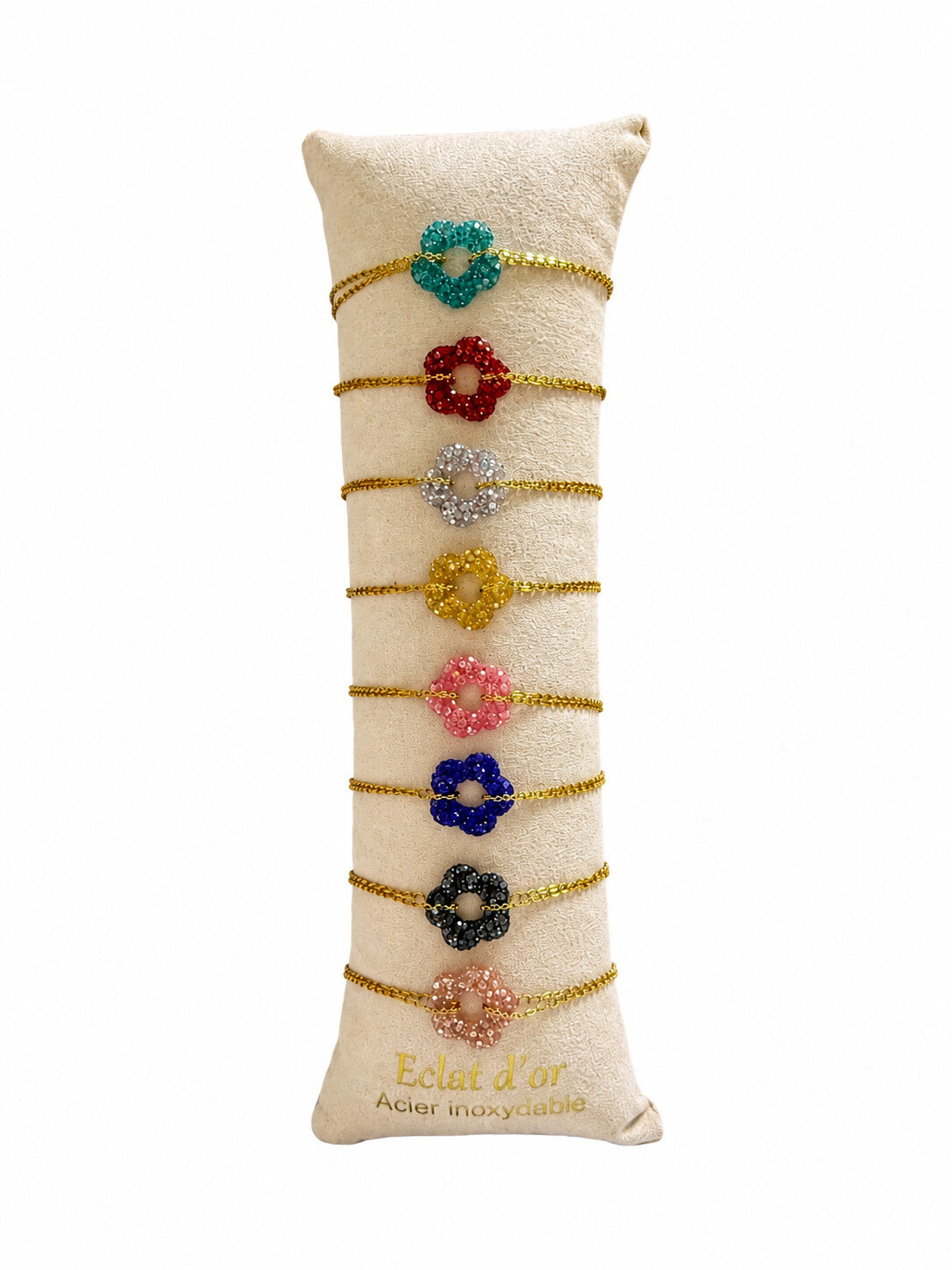 Wholesaler Trésor Brillant - Set of 8 stainless steel bracelets, glittery beaded flower, with display cushion