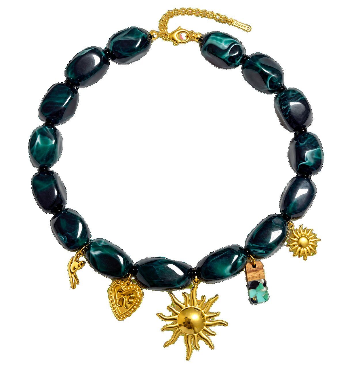 Grossista Trésor Brillant - Collana verde smeraldo con perle e pendenti dorati