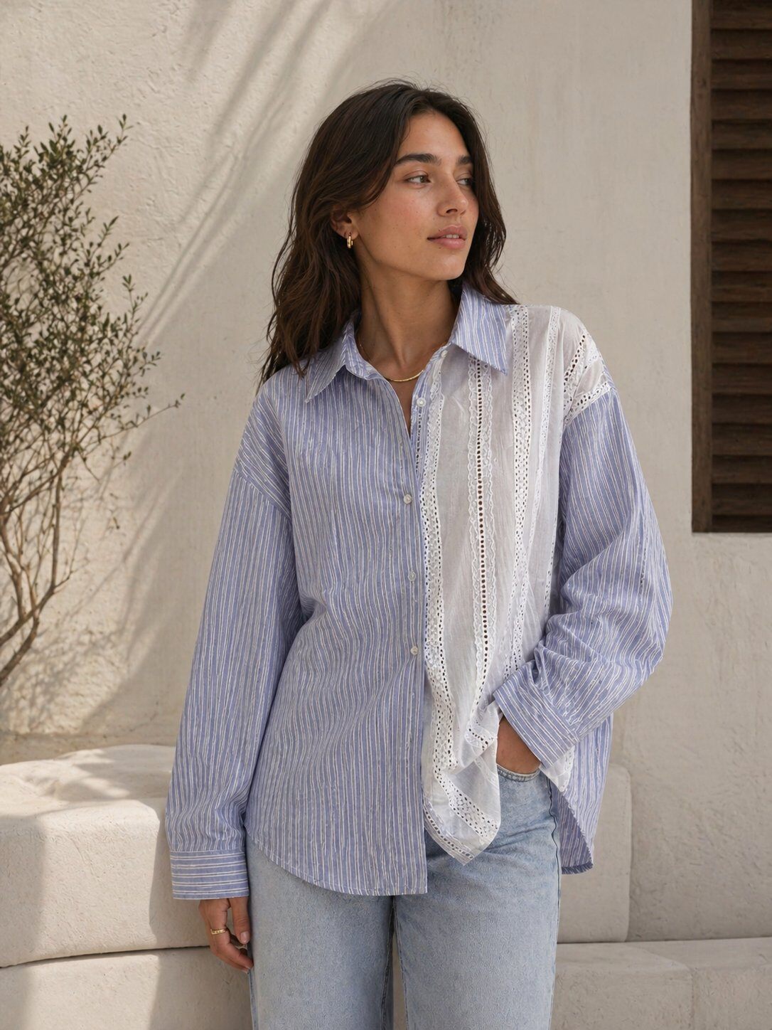 Mayorista U SEE - CAMISA OVERSIZE A RAYAS CON INSERTOS DE ENCAJE