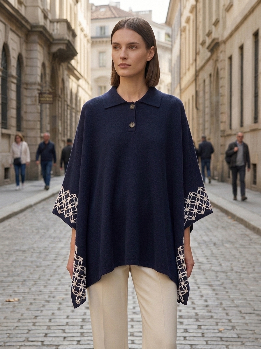 Wholesaler U SEE - Knit Poncho/Cape with Polo Collar and Embroidered Edges