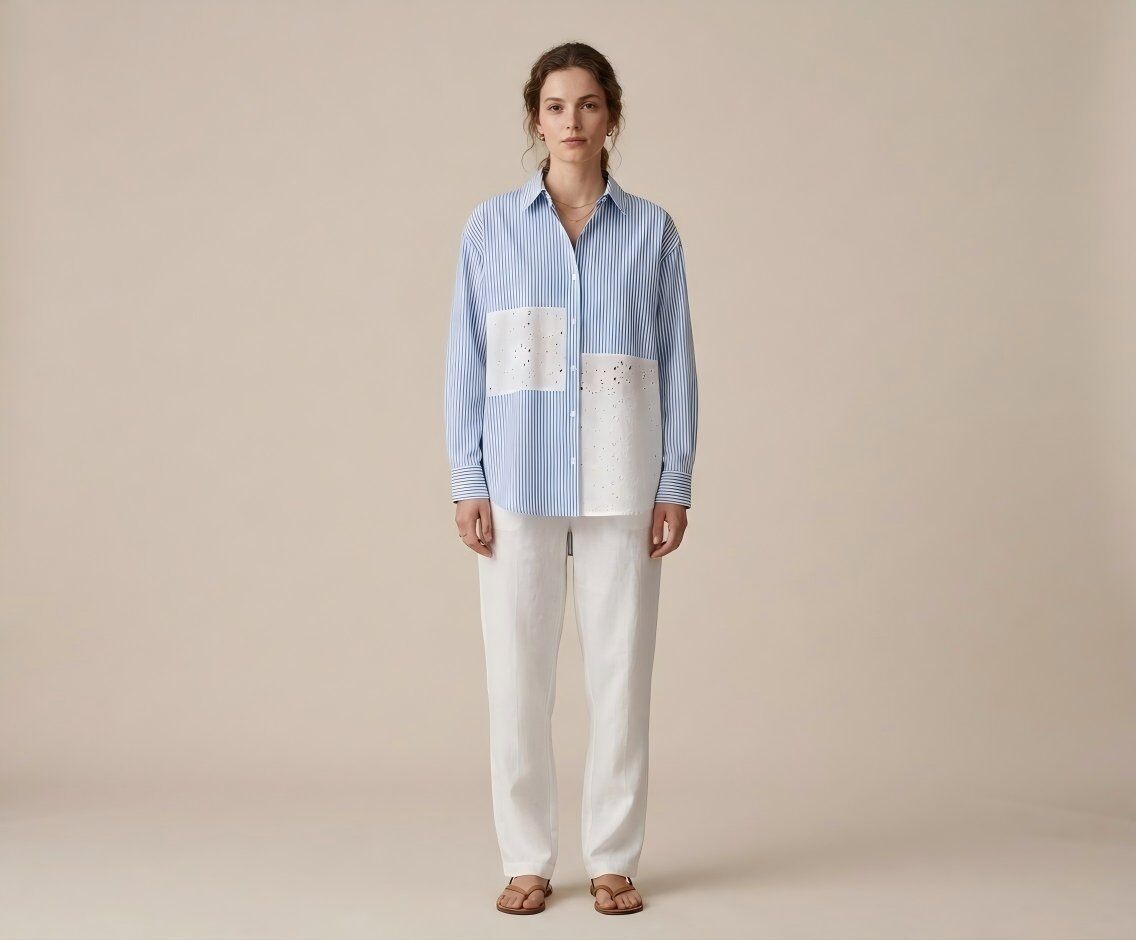 Mayorista U SEE - CAMISA A RAYAS ROSAS CON INSERTOS BORDADOS SANGALLO OVERSIZE