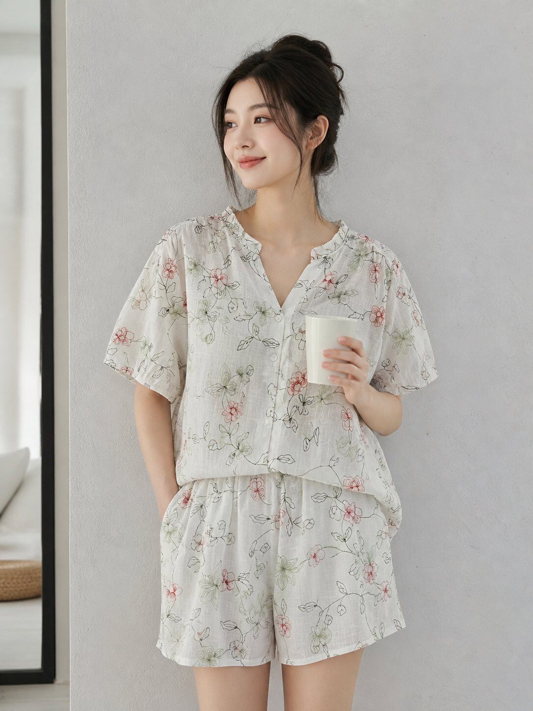 Mayorista U SEE - Conjunto de verano con camisa de cuello en V y shorts de algodón 100% con estampado floral