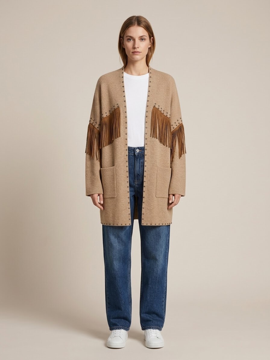 Grossiste U SEE - Cardigan Long en Maille avec Franges en Daim et Clous