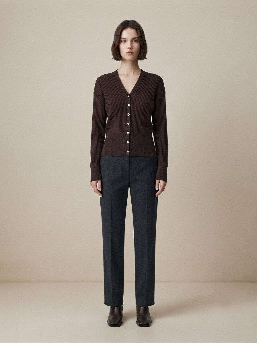 Grossista U SEE - Maglia Cardigan Scollo a V a Costine con Bottoni