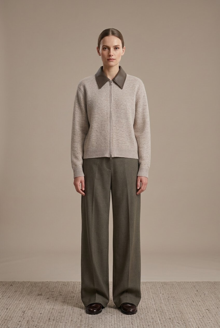 Wholesaler U SEE - Knit cardigan with zipper and faux leather collar
