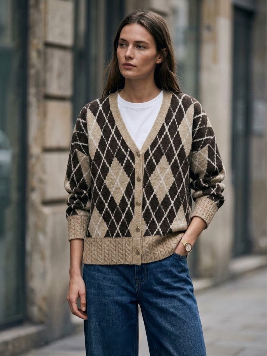 Grossiste U SEE - Cardigan en maille à losanges argyle avec col en V