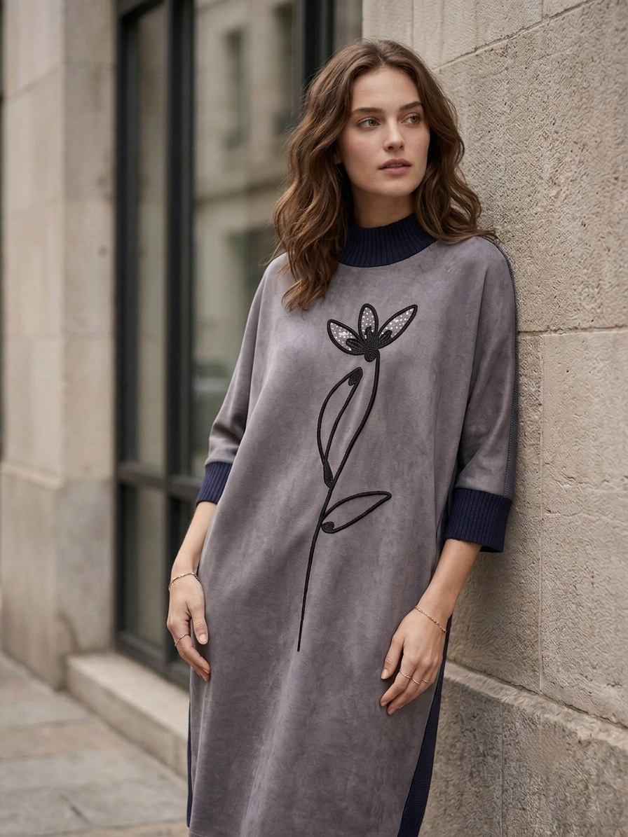 Wholesaler U SEE - Oversized Knit Dress with Suede-like Faux Leather and Floral Embroidery