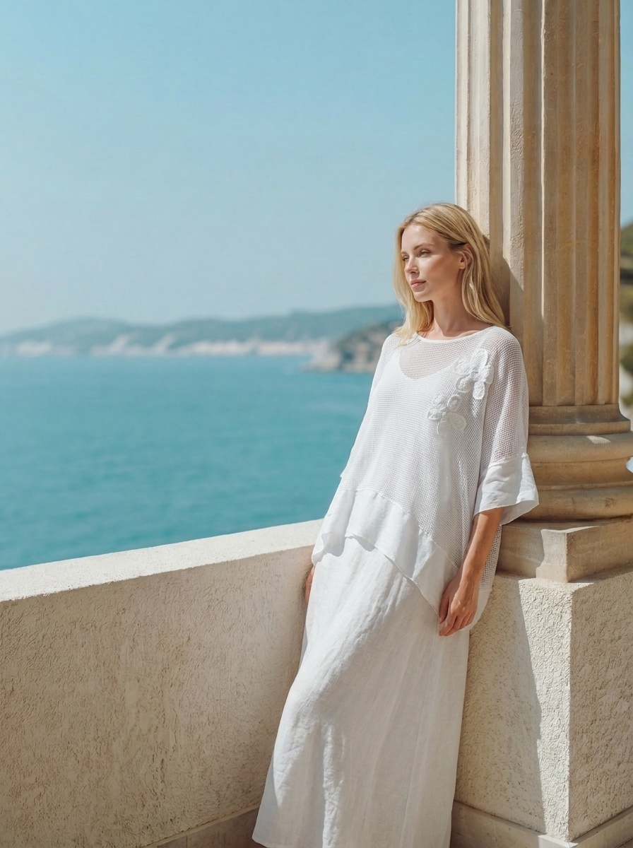Wholesaler U SEE - SET WITH LINEN BLEND DRESS AND T-SHIRT WITH FLORAL EMBROIDERY