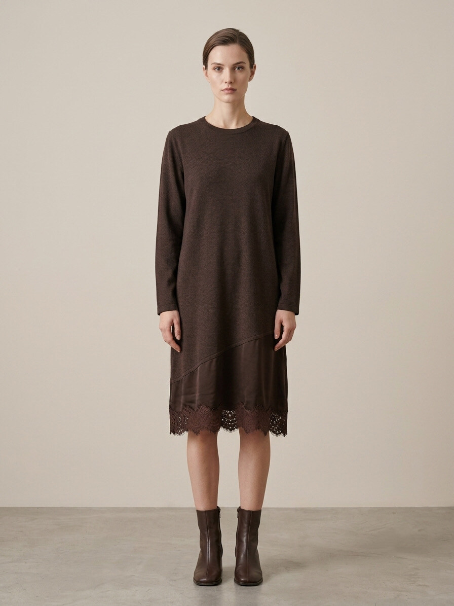 Wholesaler U SEE - Long knit dress with silk and lace hem