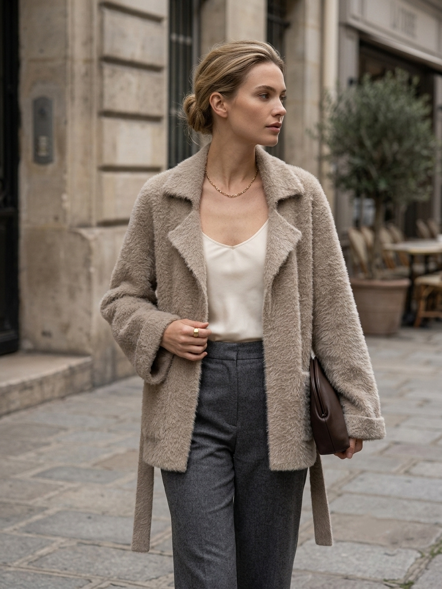 Wholesaler U SEE - Oversized Teddy Effect Cardigan Jacket with Patch Pockets and Belt