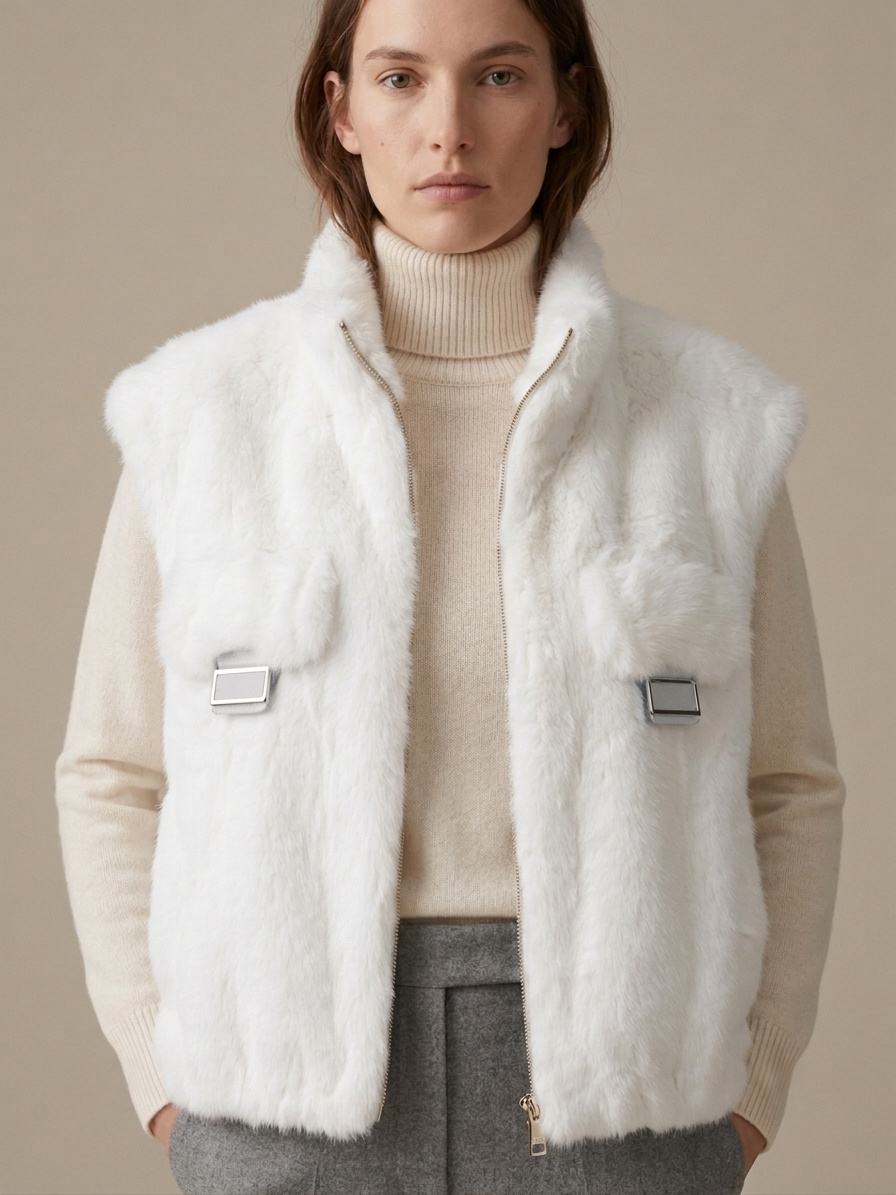 Grossista U SEE - Gilet Crop in Pelliccia Sintetica con Tasche