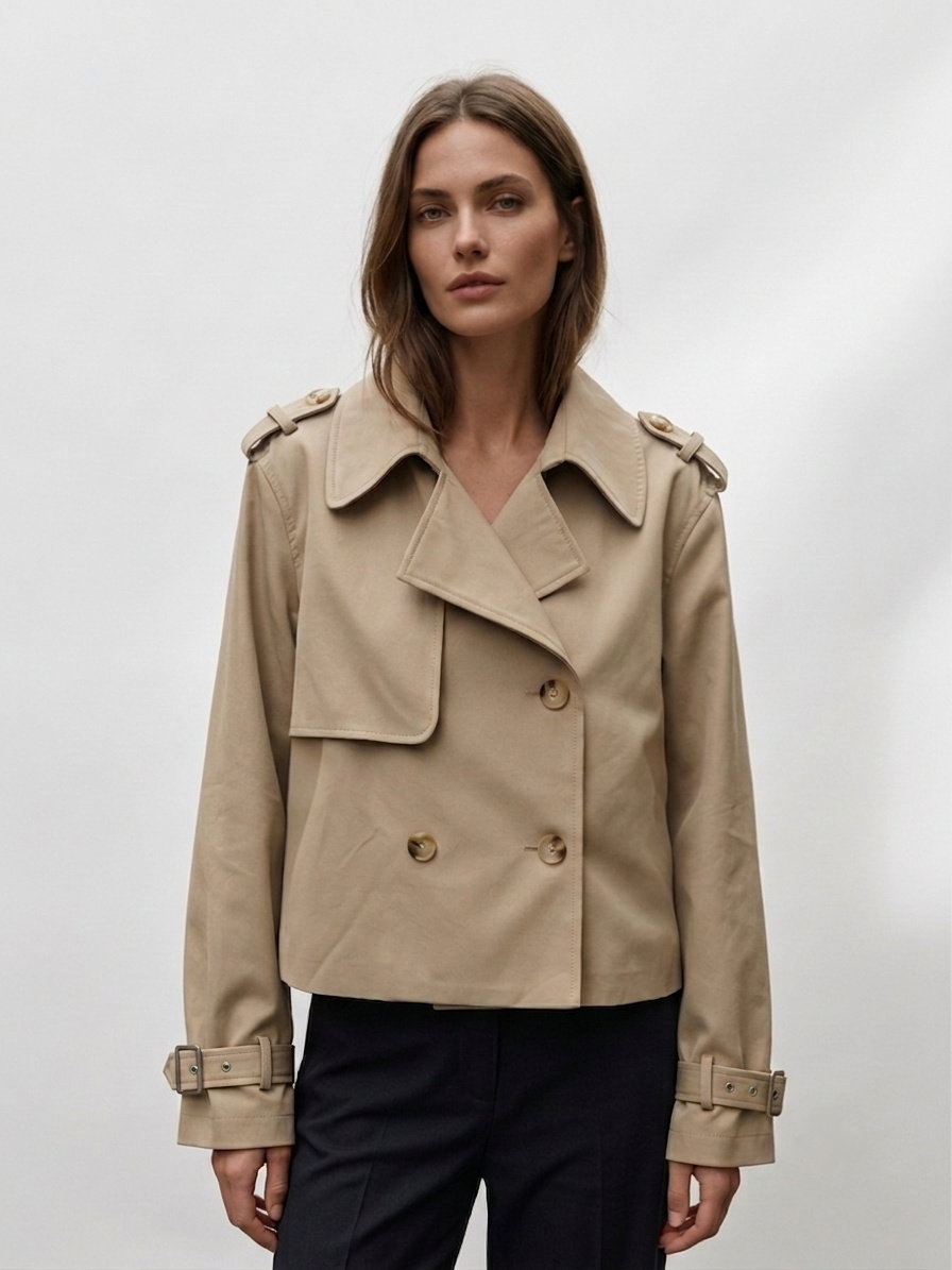 Wholesaler U SEE - Short Double-Breasted Trench Style Jacket with Epaulettes and Straps