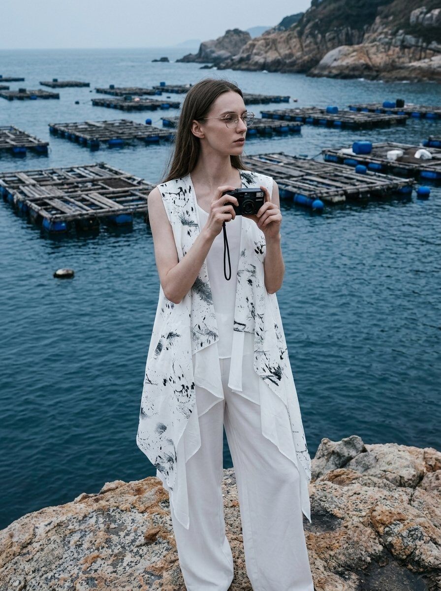 Mayorista U SEE - CHALECO LARGO OVERSIZE DE ALGODÓN CON ESTAMPADO EFECTO PINCELADA