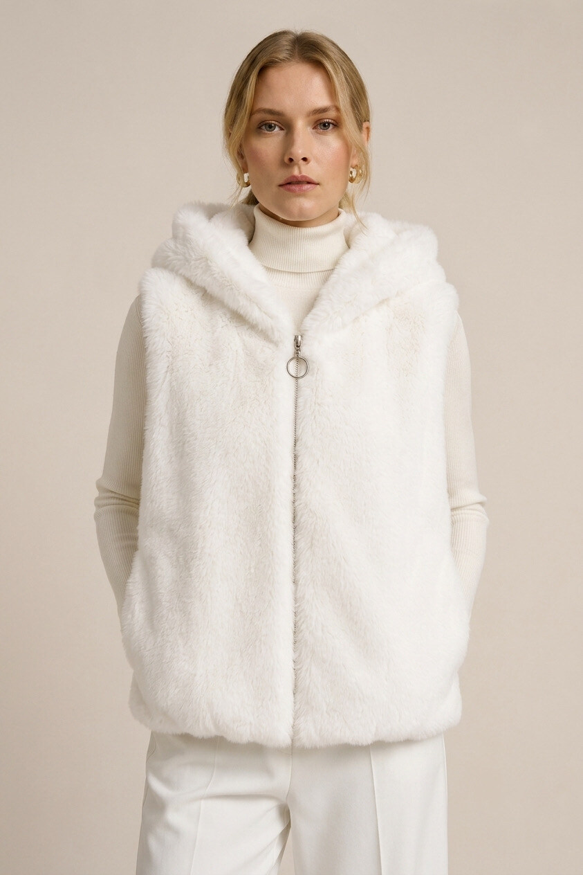 Wholesaler U SEE - Sleeveless vest in soft faux fur with hood and zipper