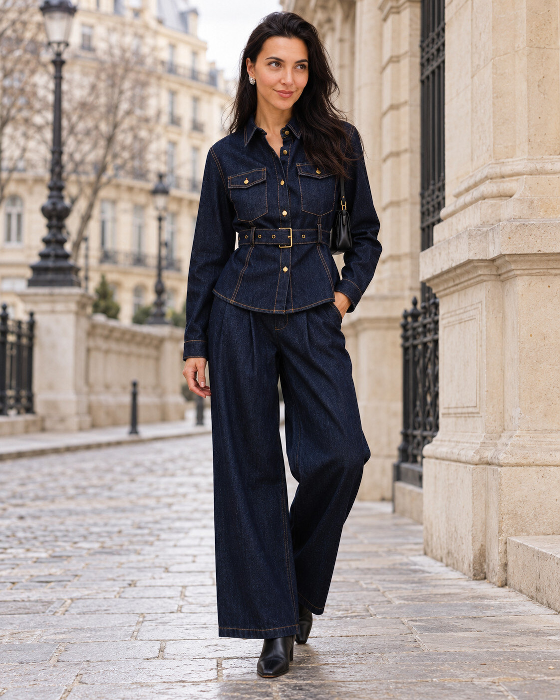Wholesaler Unigirl - Women's denim set with belted shirt and wide-leg pants
