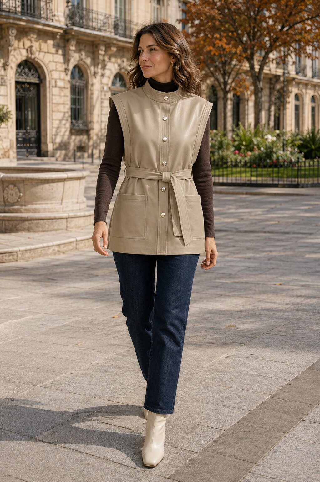 Grossiste Unigirl - Gilet long sans manches en similicuir texturé, boutonné et ceinturé