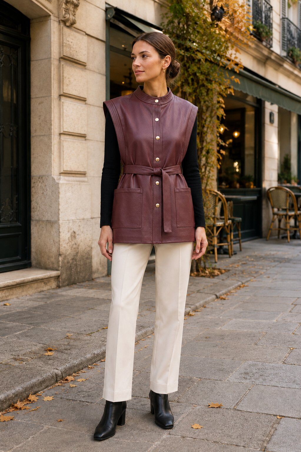Grossiste Unigirl - Gilet long sans manches en similicuir texturé, boutonné et ceinturé