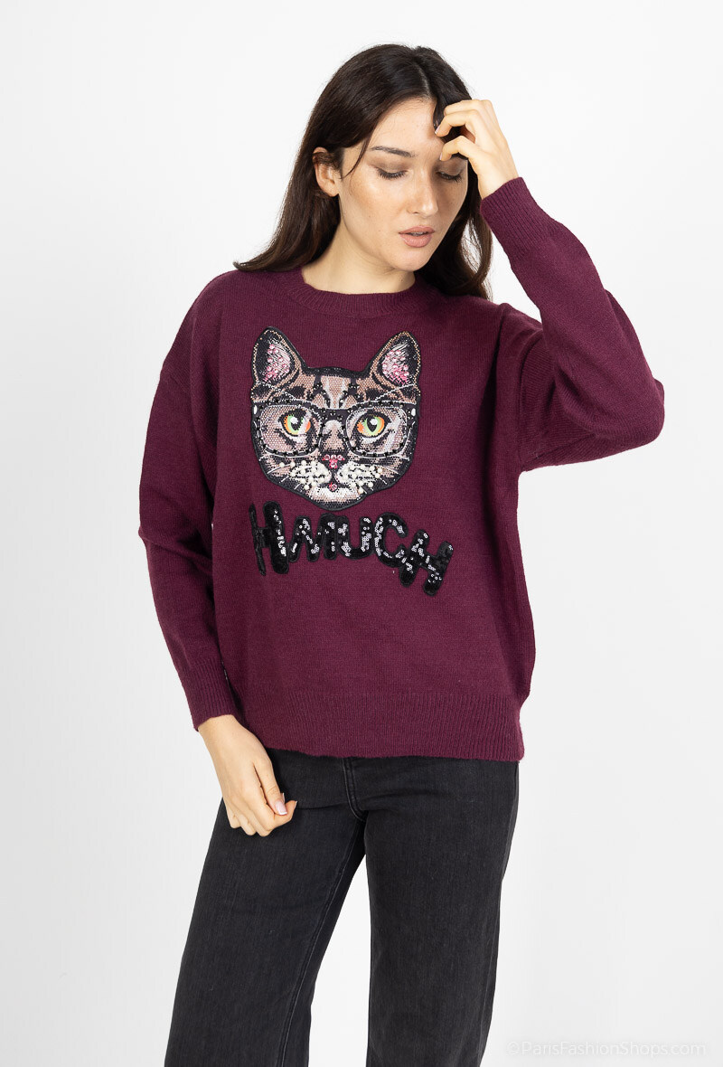 Wholesaler Unigirl - Casual knit sweater with sequin cat motif for women