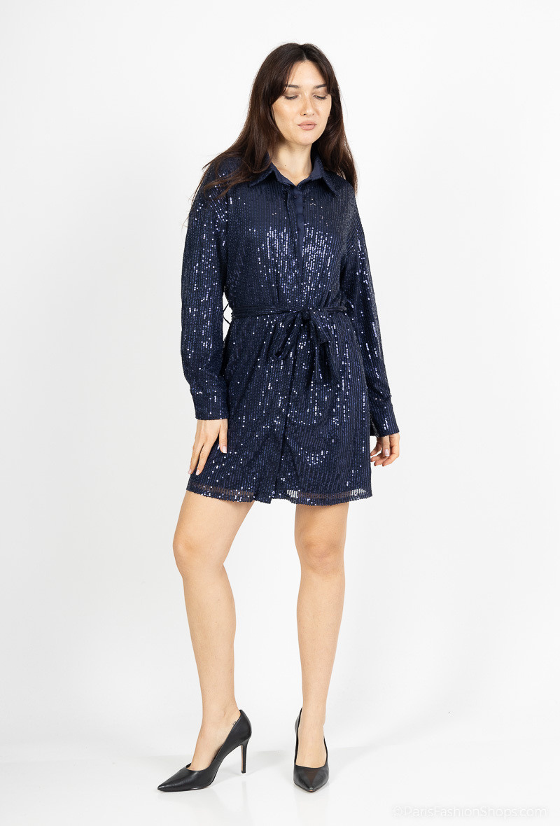Wholesaler Unigirl - Sequined belted shirt dress