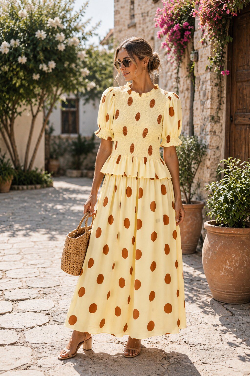 Grossiste Unigirl - Ensemble jupe longue à pois et top smocké style rétro chic