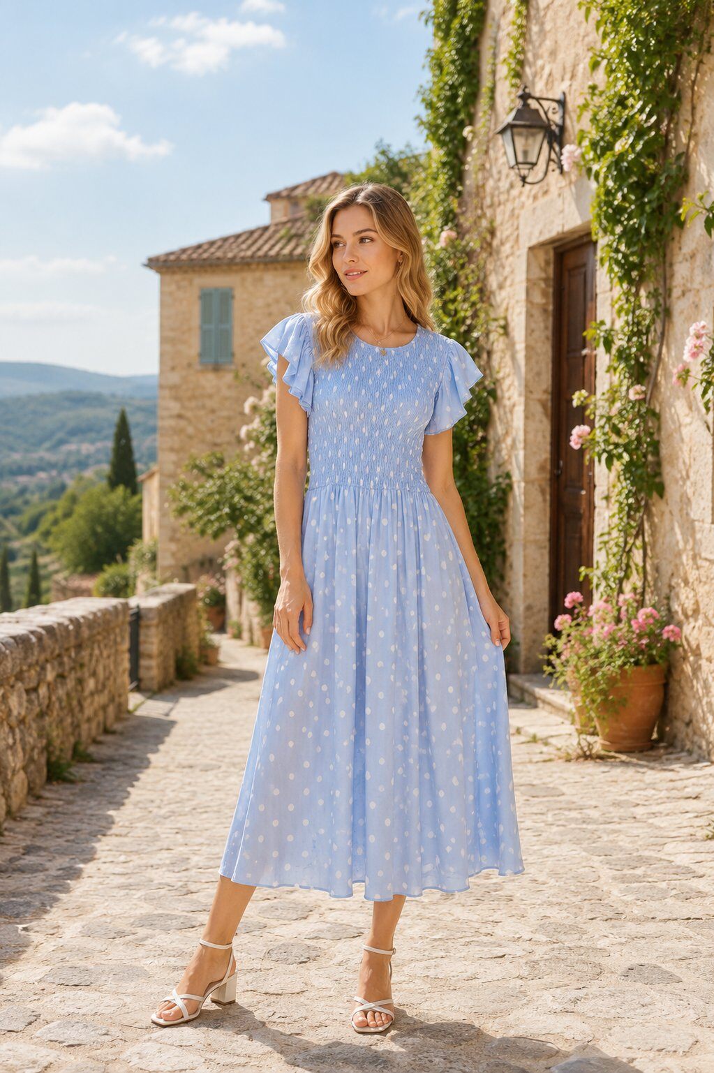 Grossiste Unigirl - Robe Longue à Pois avec Buste Smocké et Manches Volantées