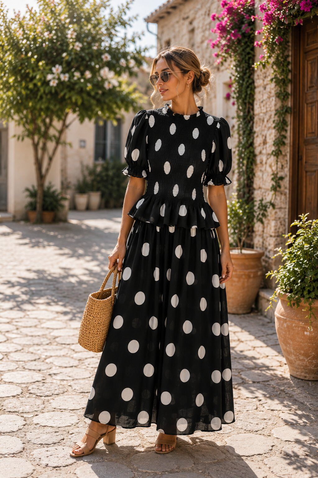 Grossiste Unigirl - Ensemble jupe longue à pois et top smocké style rétro chic