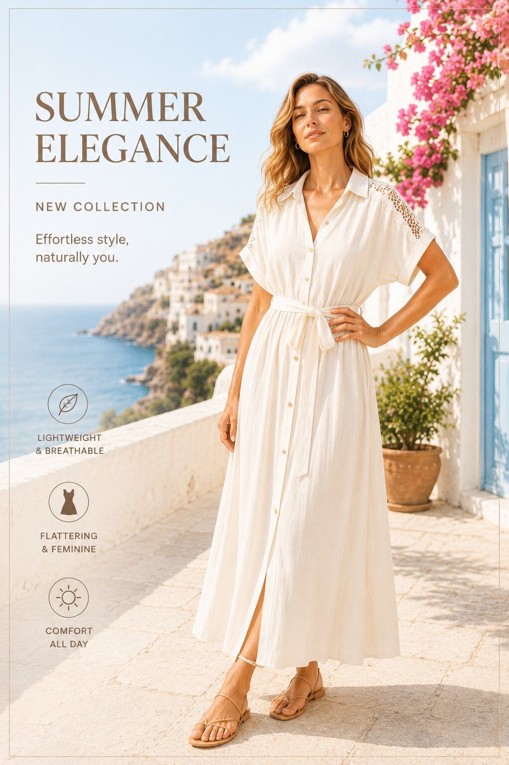 Mayorista Unigirl - Vestido Camisero Largo con Encaje y Cinturón – Elegancia de Verano