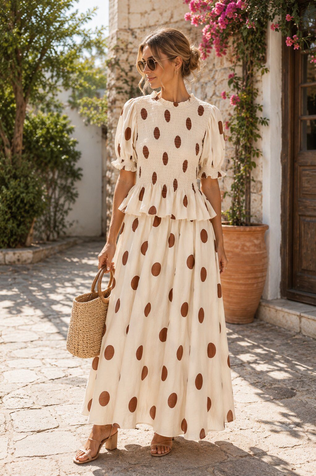 Grossiste Unigirl - Ensemble jupe longue à pois et top smocké style rétro chic