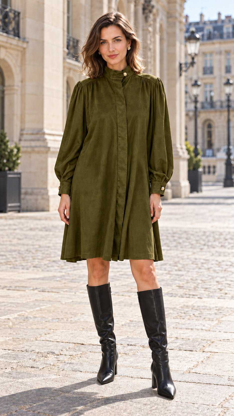 Grossiste Unigirl - Robe ample en suédine à col montant et boutons dorés