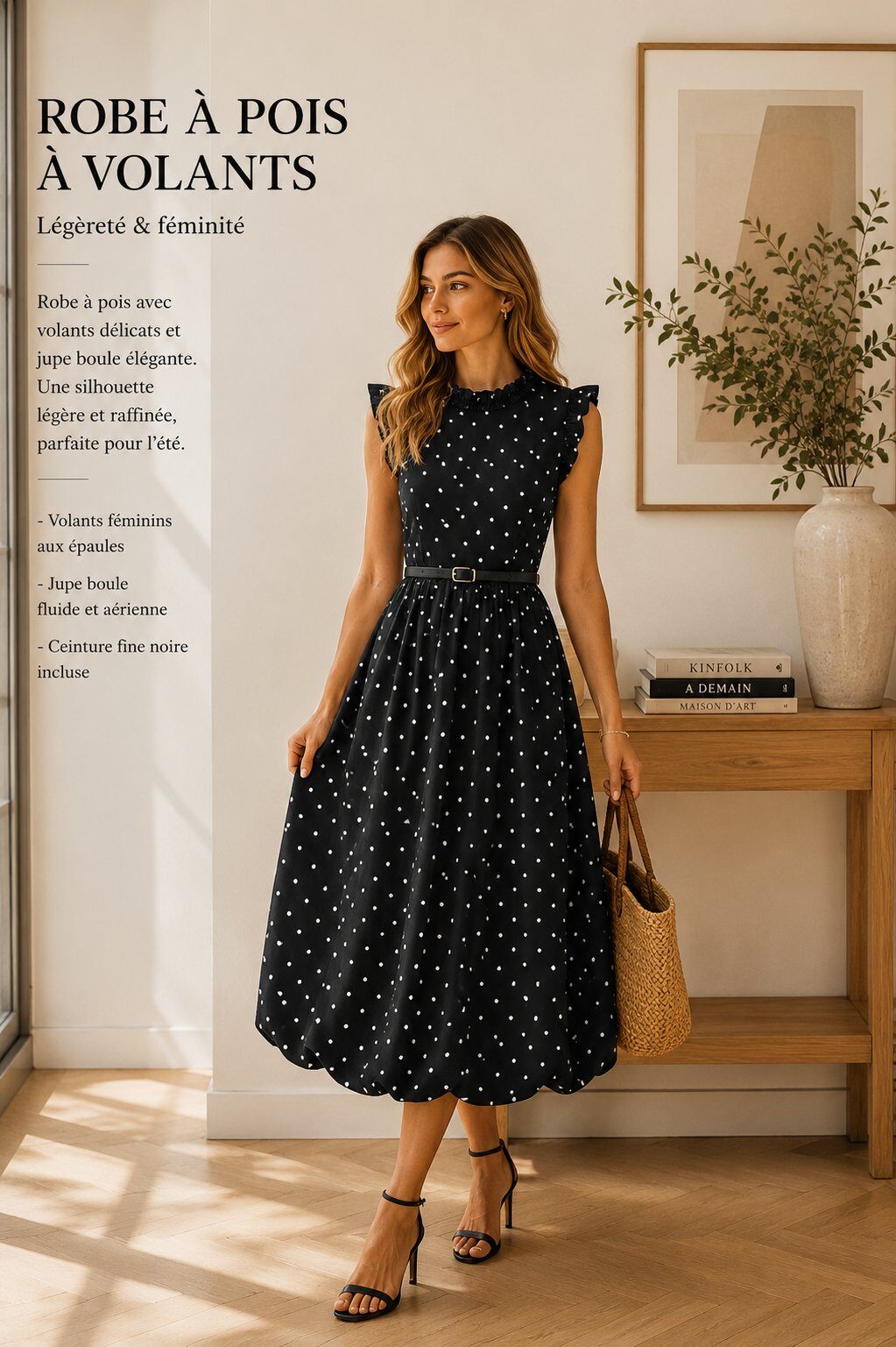Grossiste Unigirl - Robe Midi à Pois Sans Manches avec Ceinture Fine