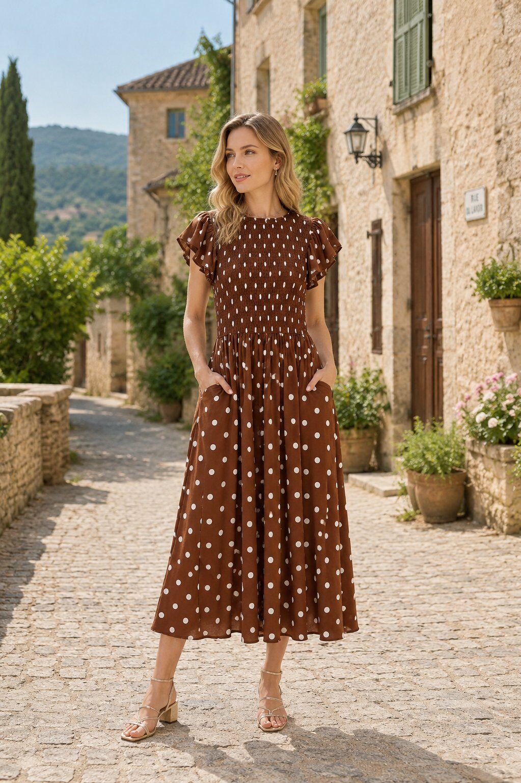 Grossiste Unigirl - Robe Longue à Pois avec Buste Smocké et Manches Volantées