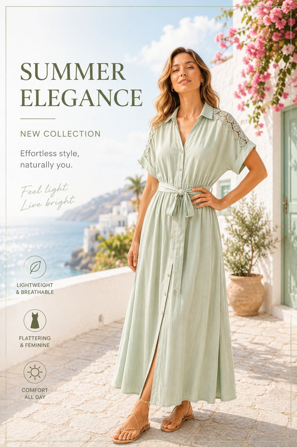 Mayorista Unigirl - Vestido Camisero Largo con Encaje y Cinturón – Elegancia de Verano