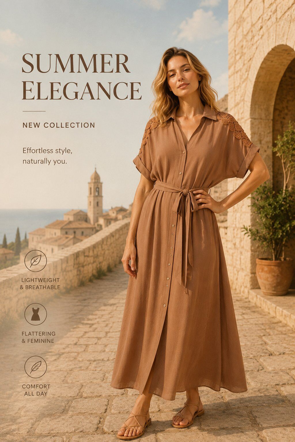 Mayorista Unigirl - Vestido Camisero Largo con Encaje y Cinturón – Elegancia de Verano