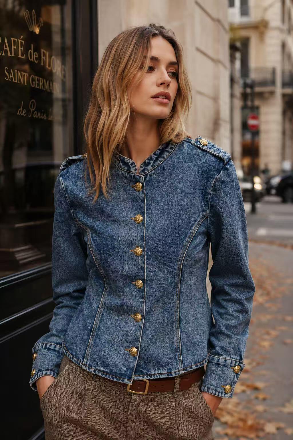 Grossiste Unigirl - Veste en jean cintrée style officier à boutons dorés