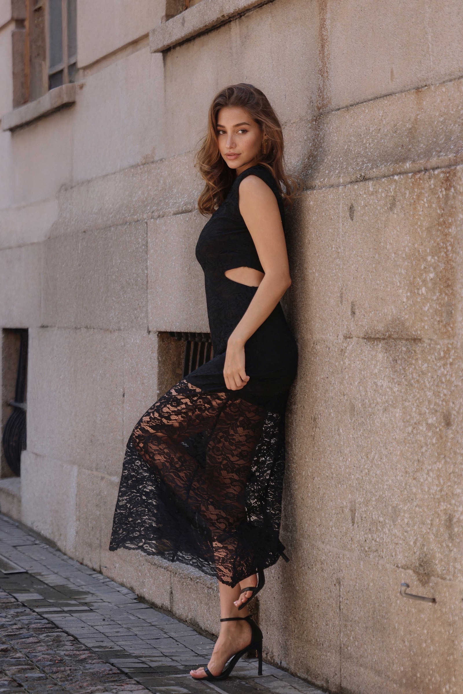 Lace dress, side cutouts, sheer skirt, back zipper.