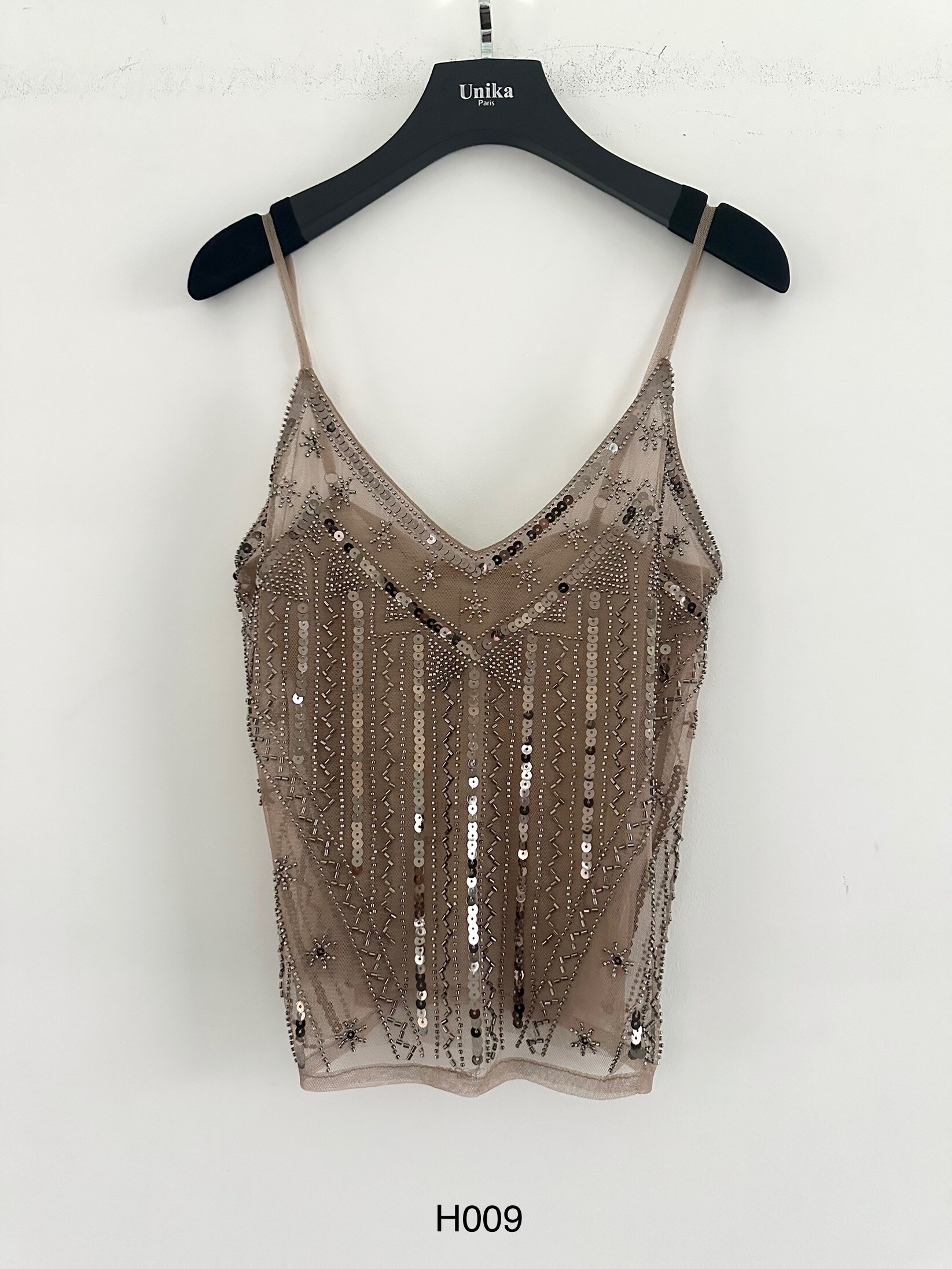 Sequin-embellished, semi-sheer top with straps