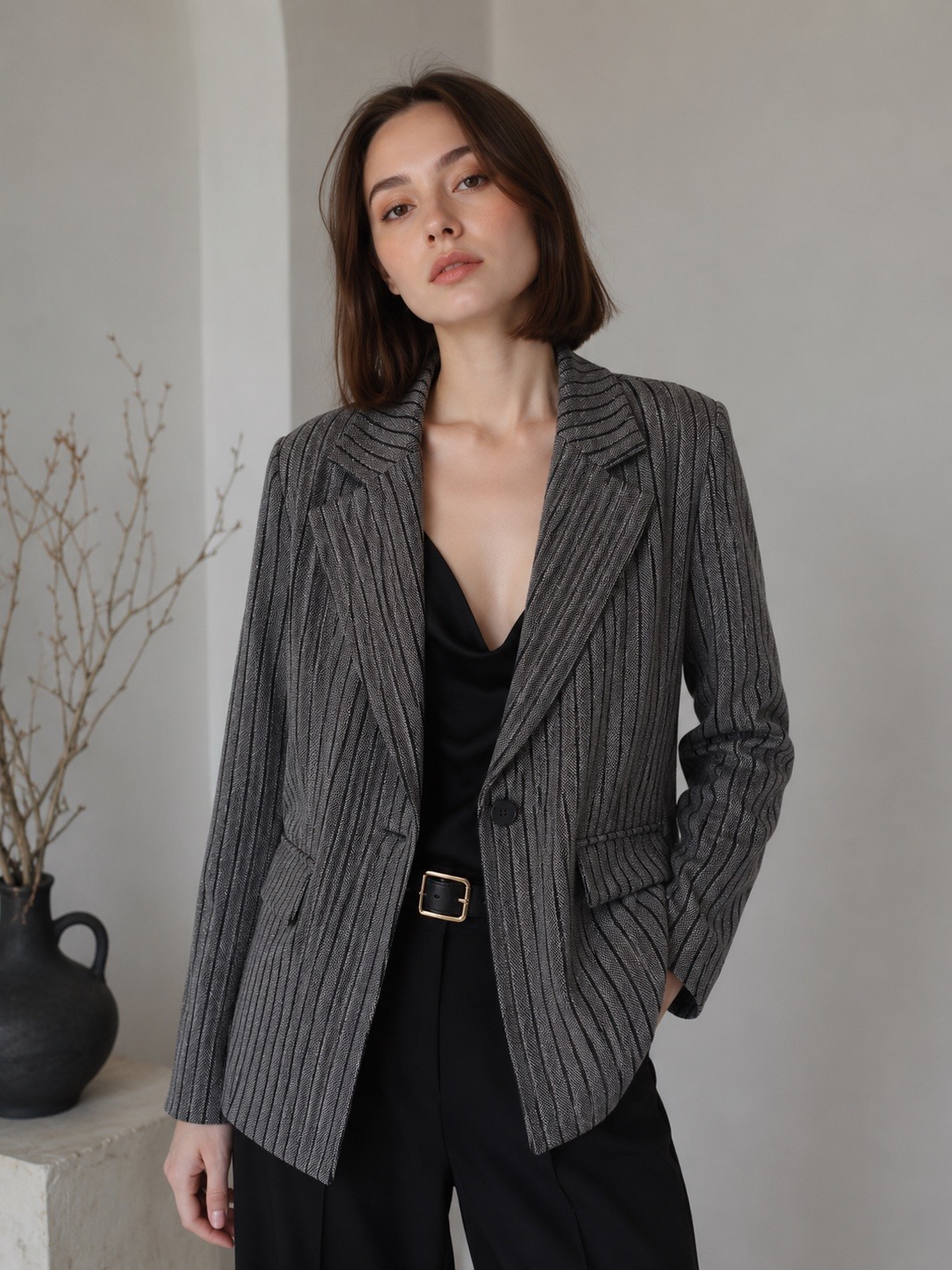 Wholesaler UPSTYLE - DOUBLE-BREASTED PINSTRIPE BLAZER IN TEXTURED FABRIC