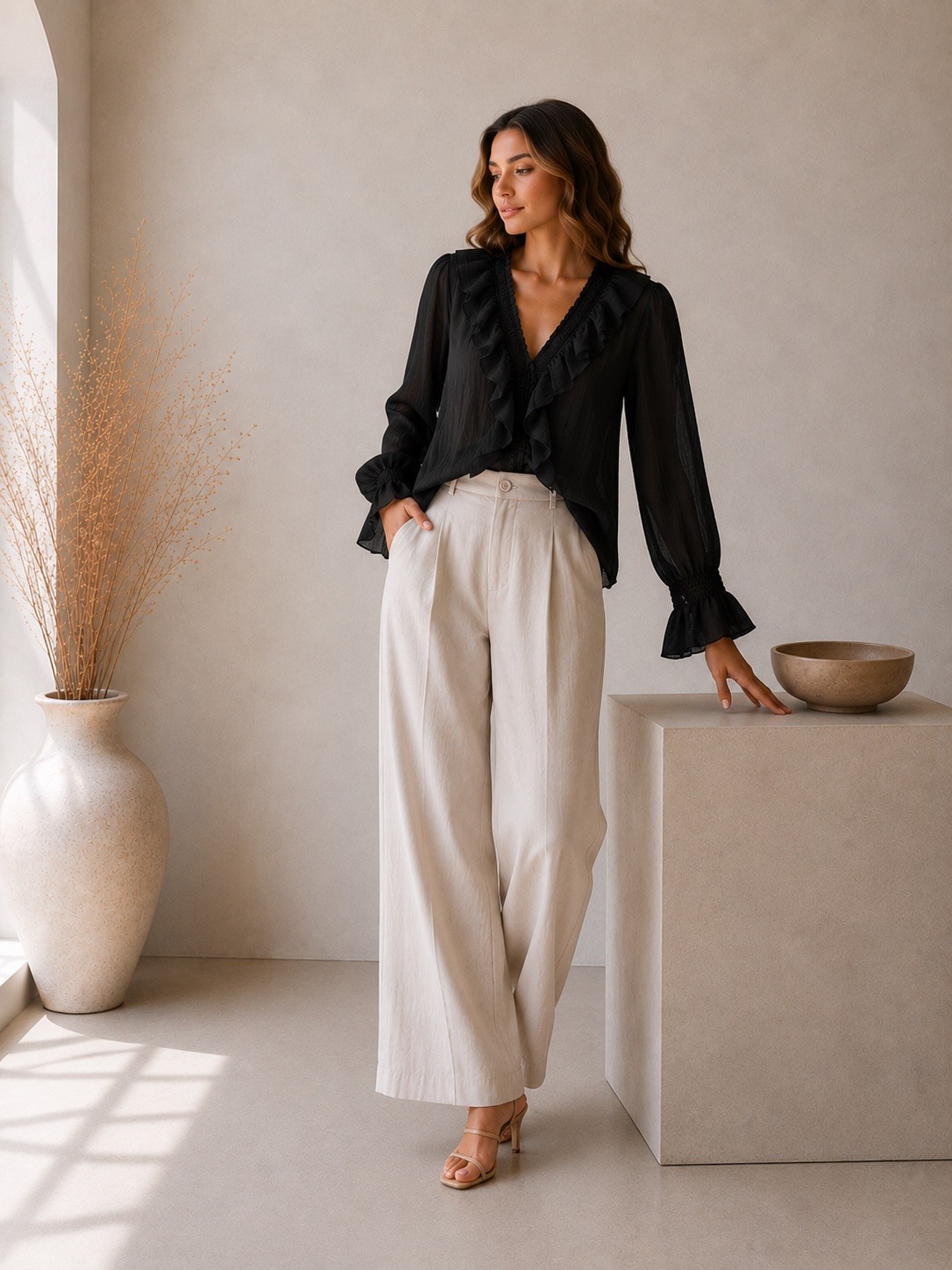 Grossista UPSTYLE - BLUSA DONNA CON ROUCHES E MANICHE A VOLANT DI COTONE