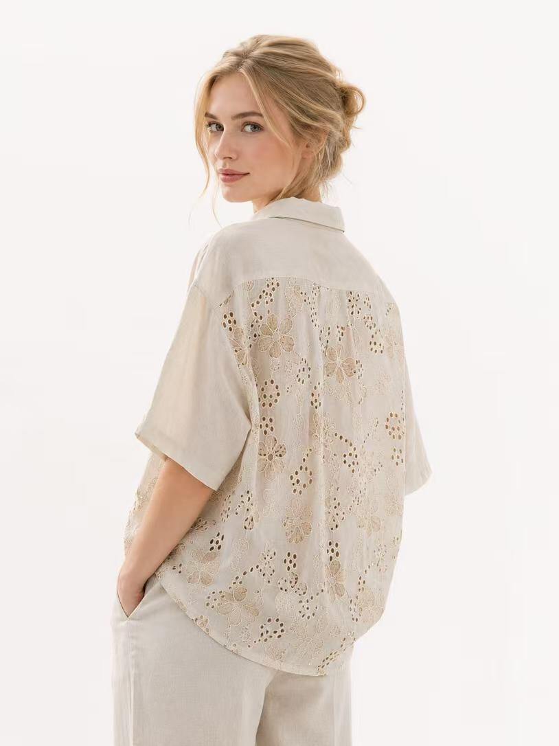 Wholesaler UPSTYLE - LOOSE FIT COTTON SHIRT WITH EYELET EMBROIDERY