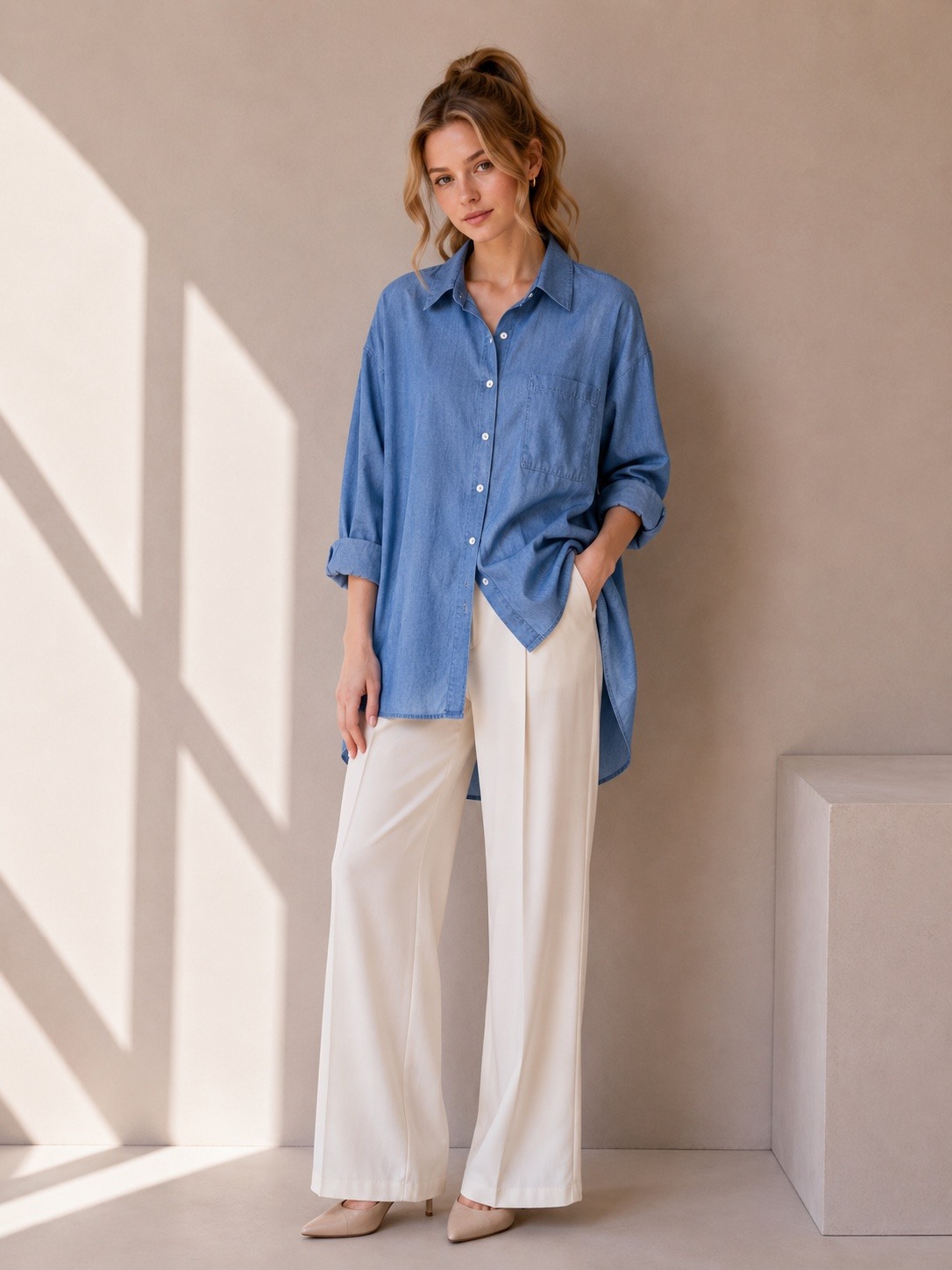 Grossiste UPSTYLE - CHEMISE FEMME LONGUE EFFET DENIM OVERSIZE AVEC POCHETTE