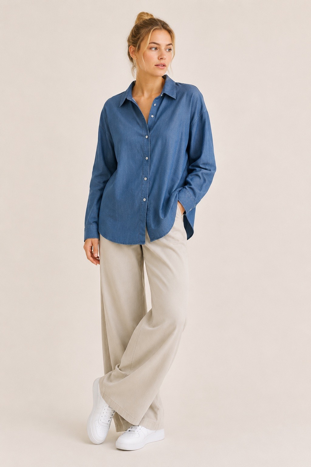 Mayorista UPSTYLE - CAMISA MUJER EFECTO DENIM OVERSIZE CON CUELLO CLÁSICO