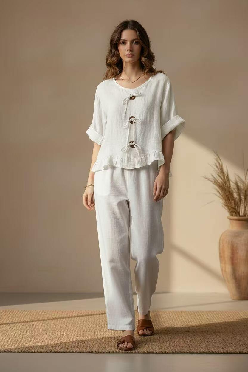Mayorista UPSTYLE - Blusa de lino con lazos y volante
