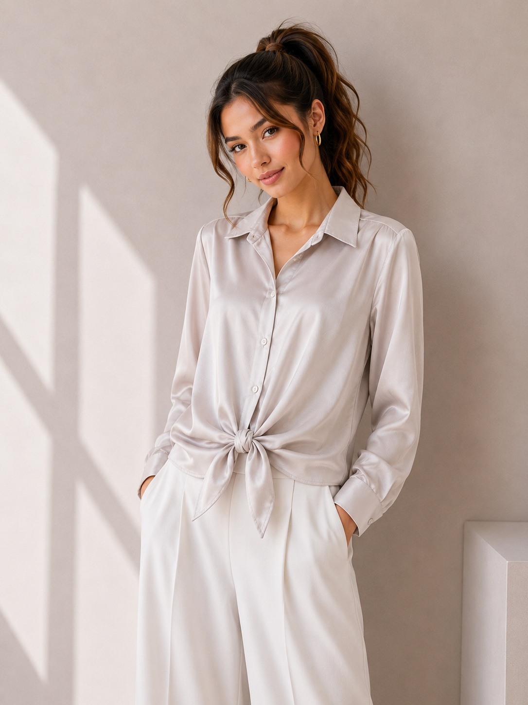 Wholesaler UPSTYLE - WOMEN'S SATIN SHIRT WITH FRONT KNOT