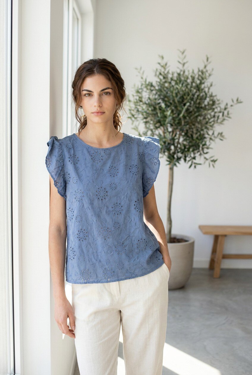 Wholesaler UPSTYLE - Cotton eyelet blouse with ruffles