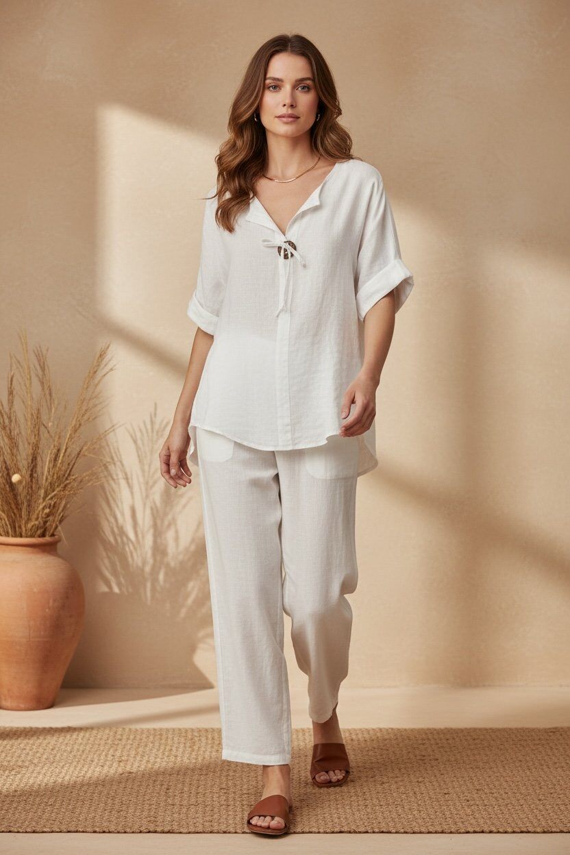 Mayorista UPSTYLE - BLUSA DE LINO CON CORDÓN Y BOTÓN